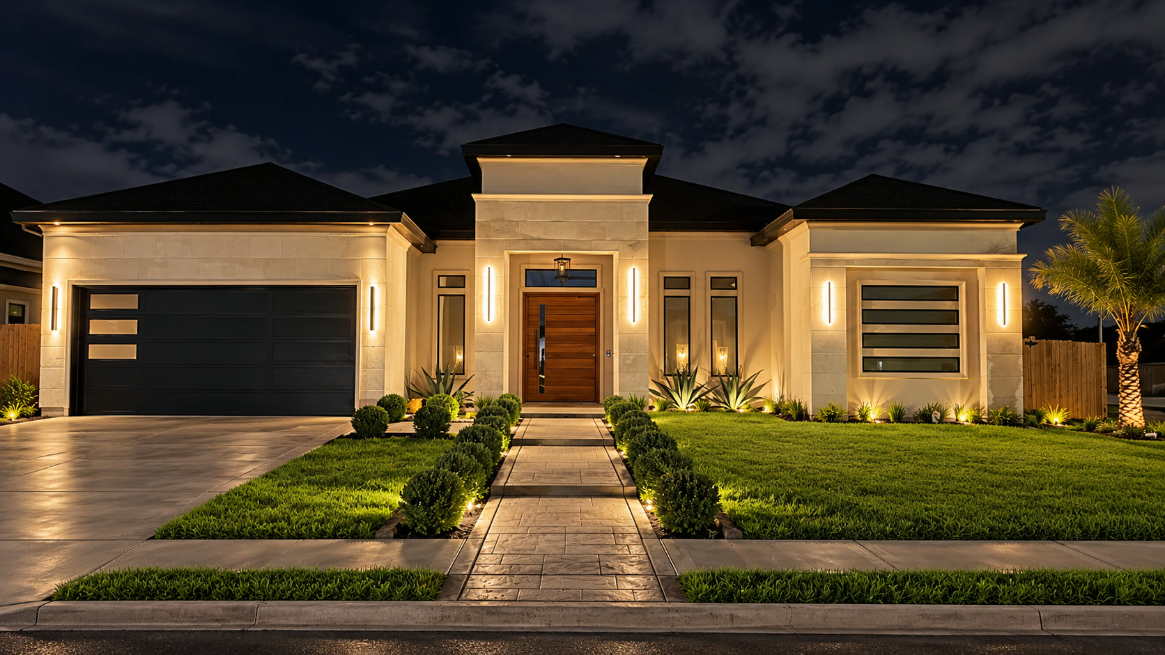Lit exterior of a remodeled home at night